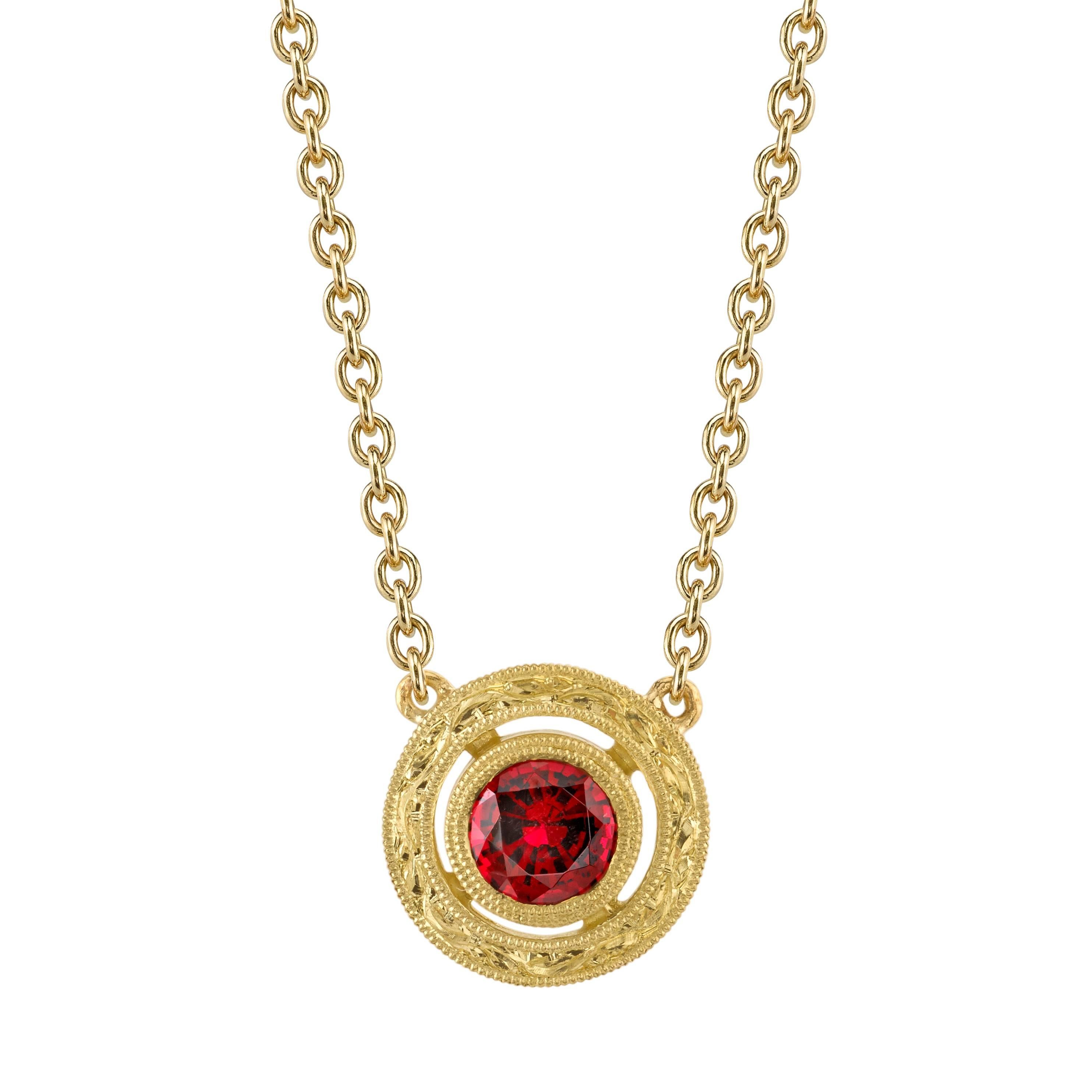 Red Spinel Necklace with Hand Engraved Yellow Gold Halo and Adjustable Chain 