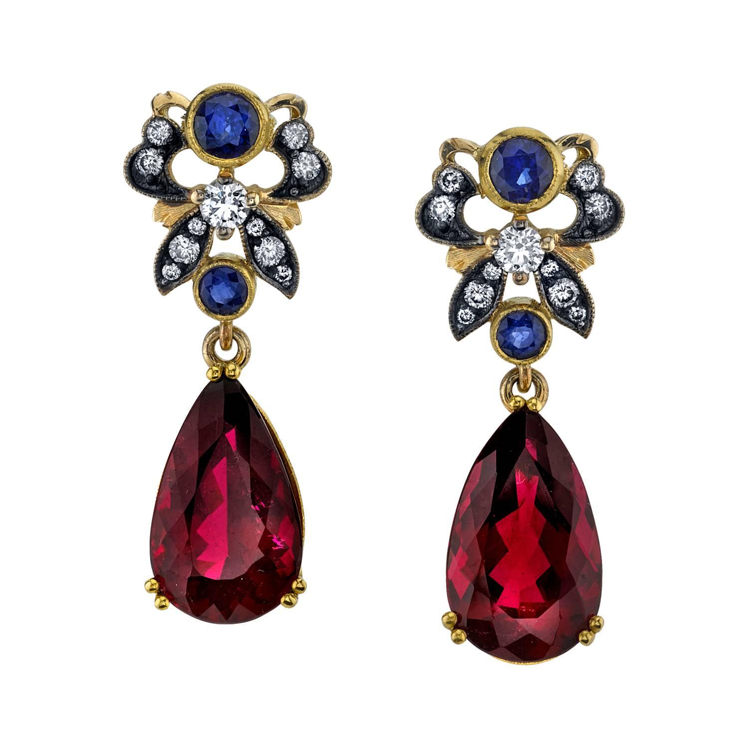 Rubellite Tourmaline, Sapphire and Diamond Earrings, 18k Yellow Gold