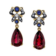 Rubellite Tourmaline, Sapphire and Diamond Earrings, 18k Yellow Gold