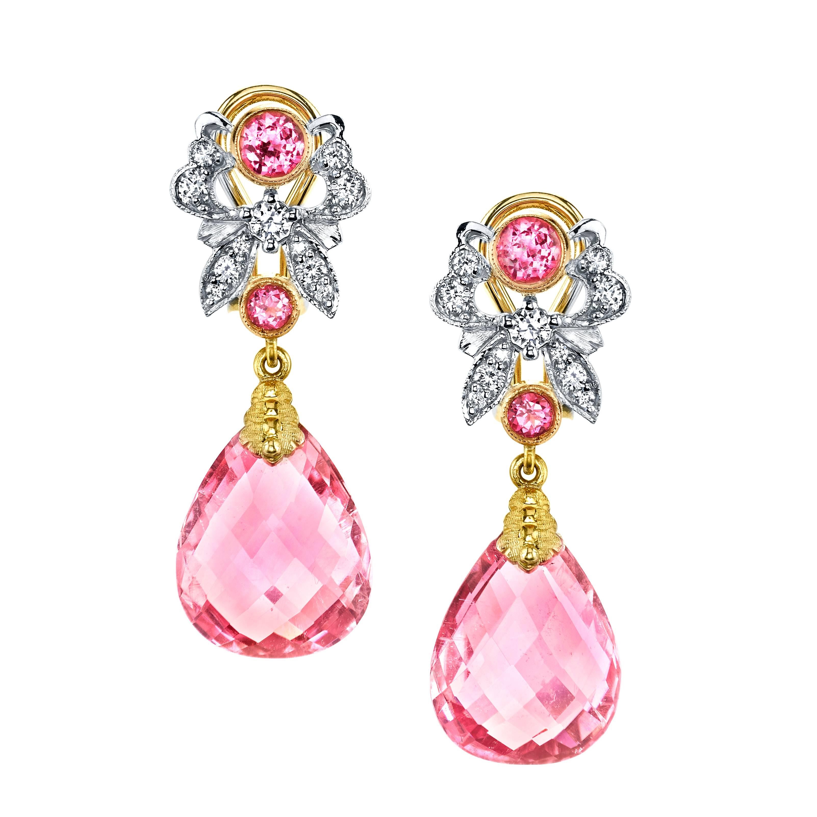 Pink Tourmaline Briolette, Spinel & Diamond 18k French Clip Dangle Drop Earrings