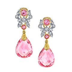 Pink Tourmaline Briolette, Spinel & Diamond 18k French Clip Dangle Drop Earrings