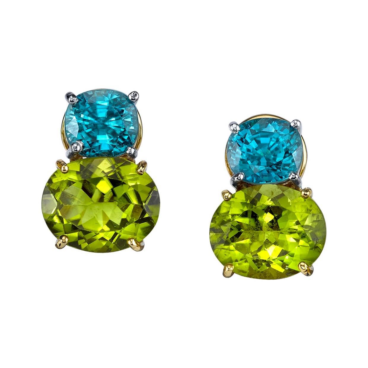 Peridot and Natural Blue Zircon Earrings 18 Karat Yellow and White Gold