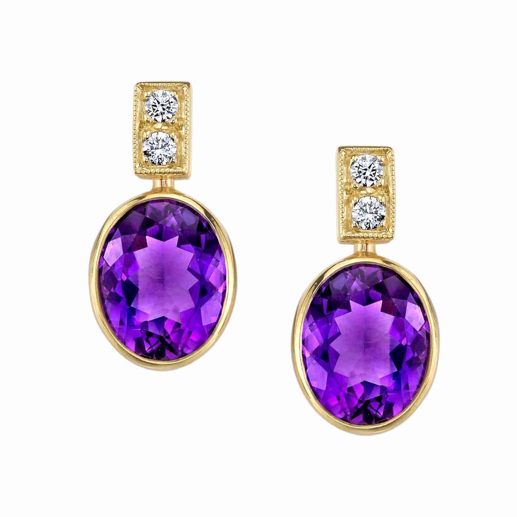 Amethyst and Diamond Drop Earrings in 18k Yellow Gold, 6.72 Carats Total For Sale