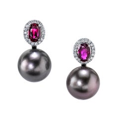 Ruby and Tahitian Black Pearl 18k White Gold Stud Earrings