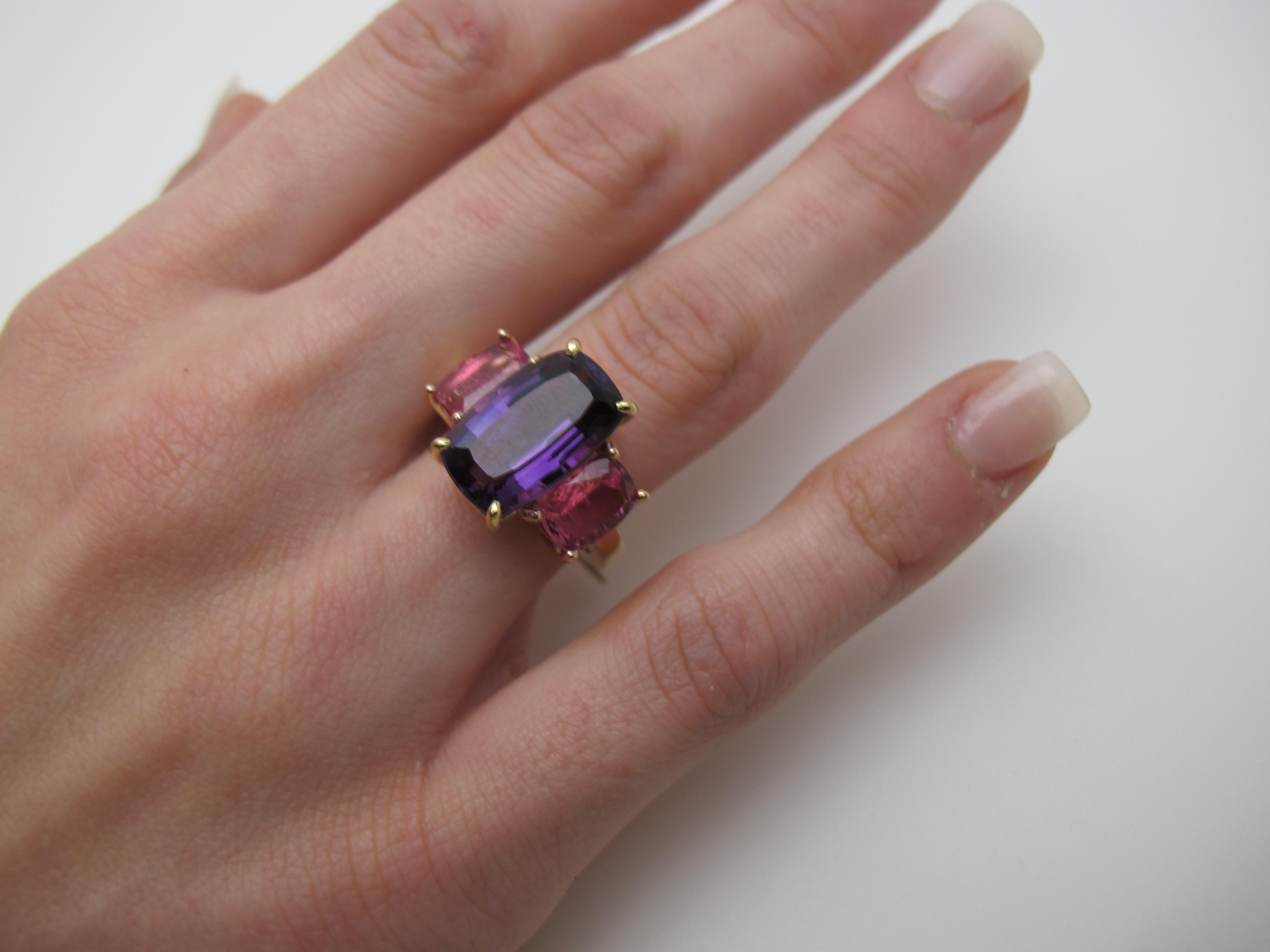 Women's 6.32 ct. Amethyst and Pink Tourmaline Three-Stone Ring in Rose and White Gold For Sale