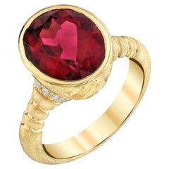5.35 Carat Rubellite Tourmaline and Diamond Band Ring in 18k Yellow Gold