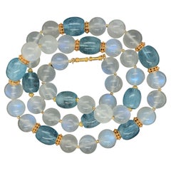 Moonstone Bead and Aquamarine Bead Necklace with Yellow Gold Spacers, 24 Inches