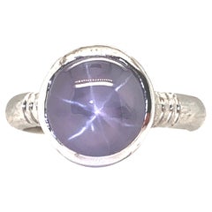 6.36 Carat Oval Silver Blue Star Sapphire Cabochon, Diamond, White Gold Ring