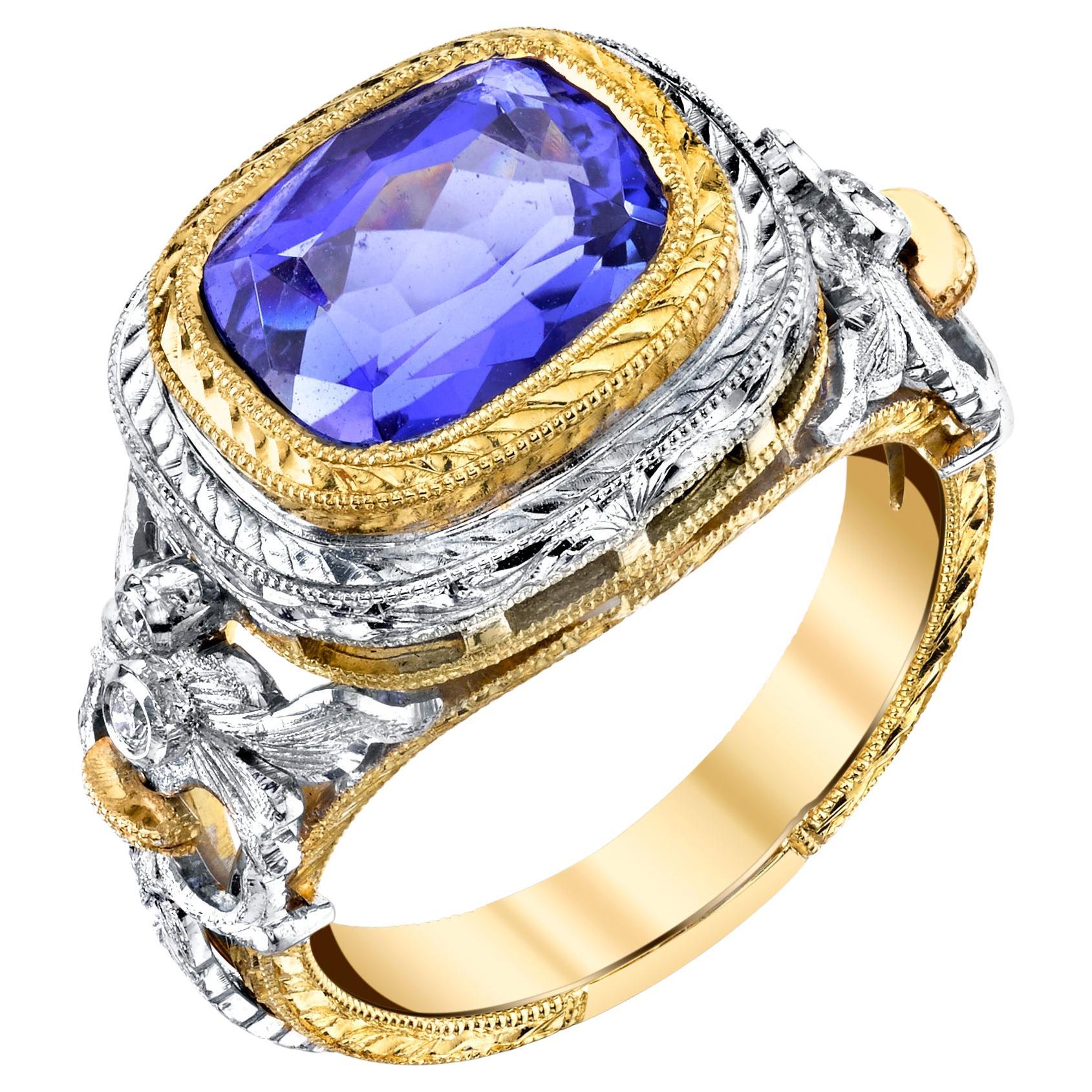 4.04 Carat Tanzanite and Diamond Cocktail Ring, Handmade in 18k Gold For Sale