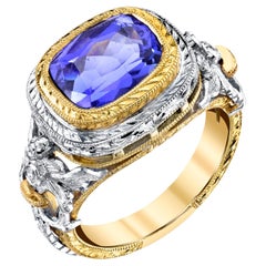 4.04 Carat Tanzanite and Diamond Cocktail Ring, Handmade in 18k Gold