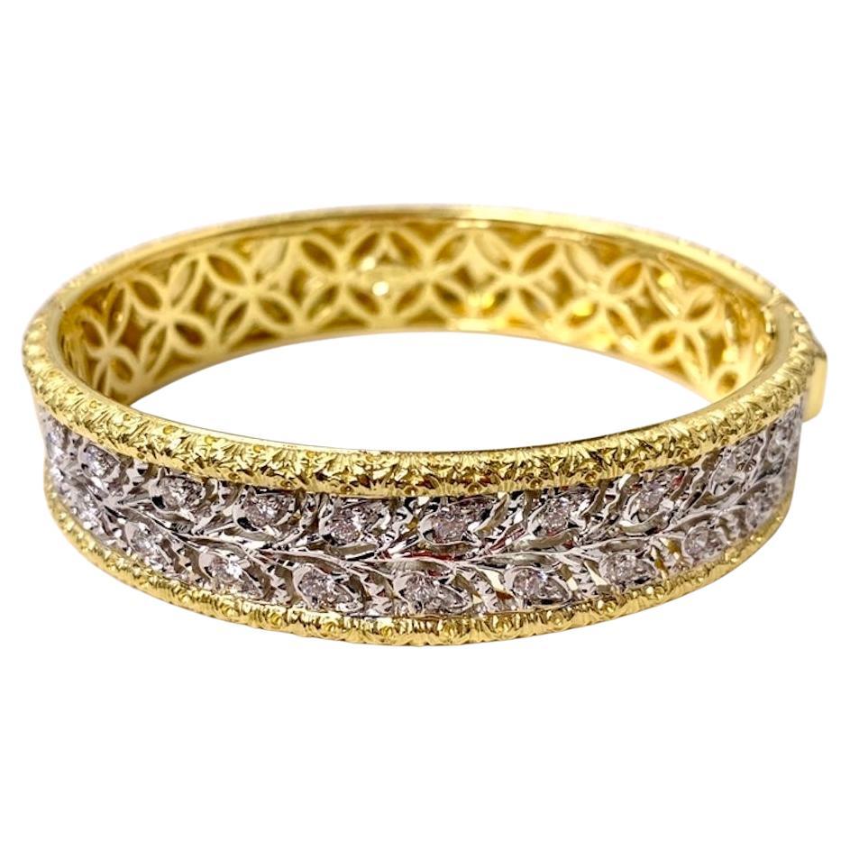 Florentine Design Diamond, Yellow and White Gold, Engraved Bangle Bracelet