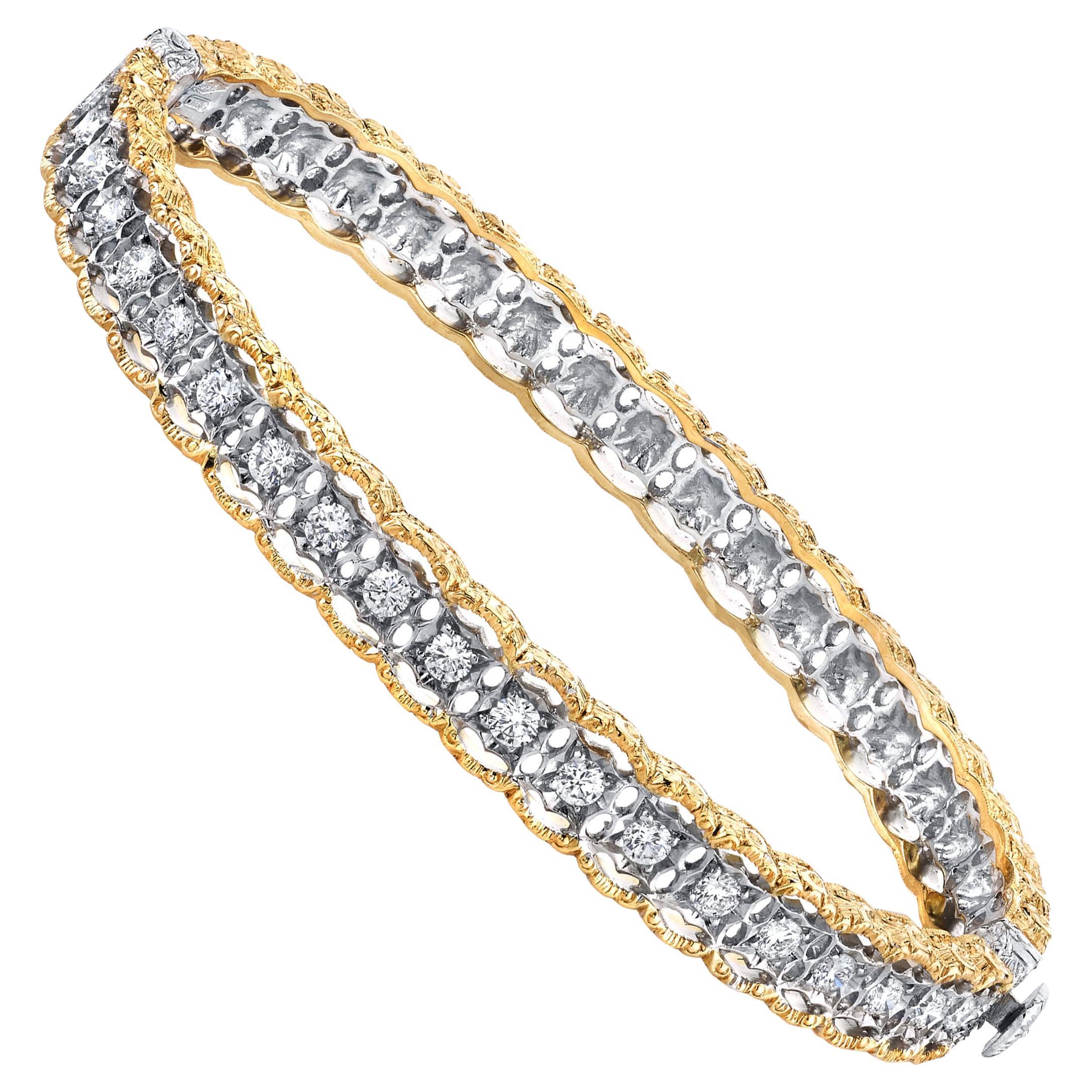 Florentine Style Diamond Bangle Bracelet in White and Yellow Gold, Italy