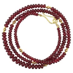 Collier de perles graduées en spinelle rouge avec espaces en or jaune, 19 pouces