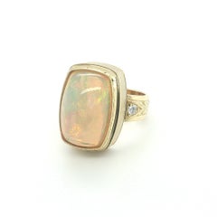 9.62 Carat Opal Cushion and Diamond Cocktail Ring in Hand-Engraved Yellow Gold