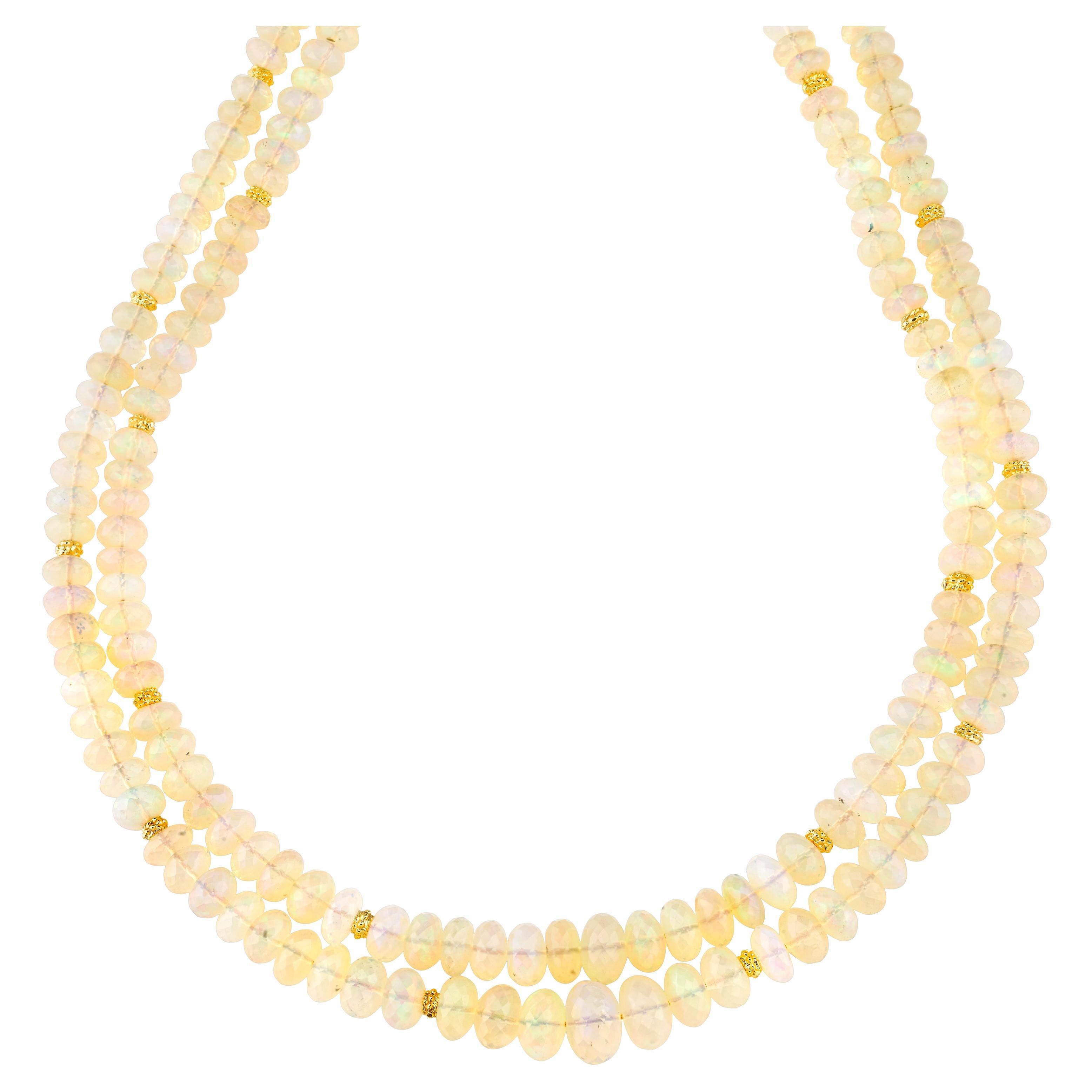 Double Strand Opal Bead Necklace, 170.45 Carats Total with Yellow Gold Accents For Sale