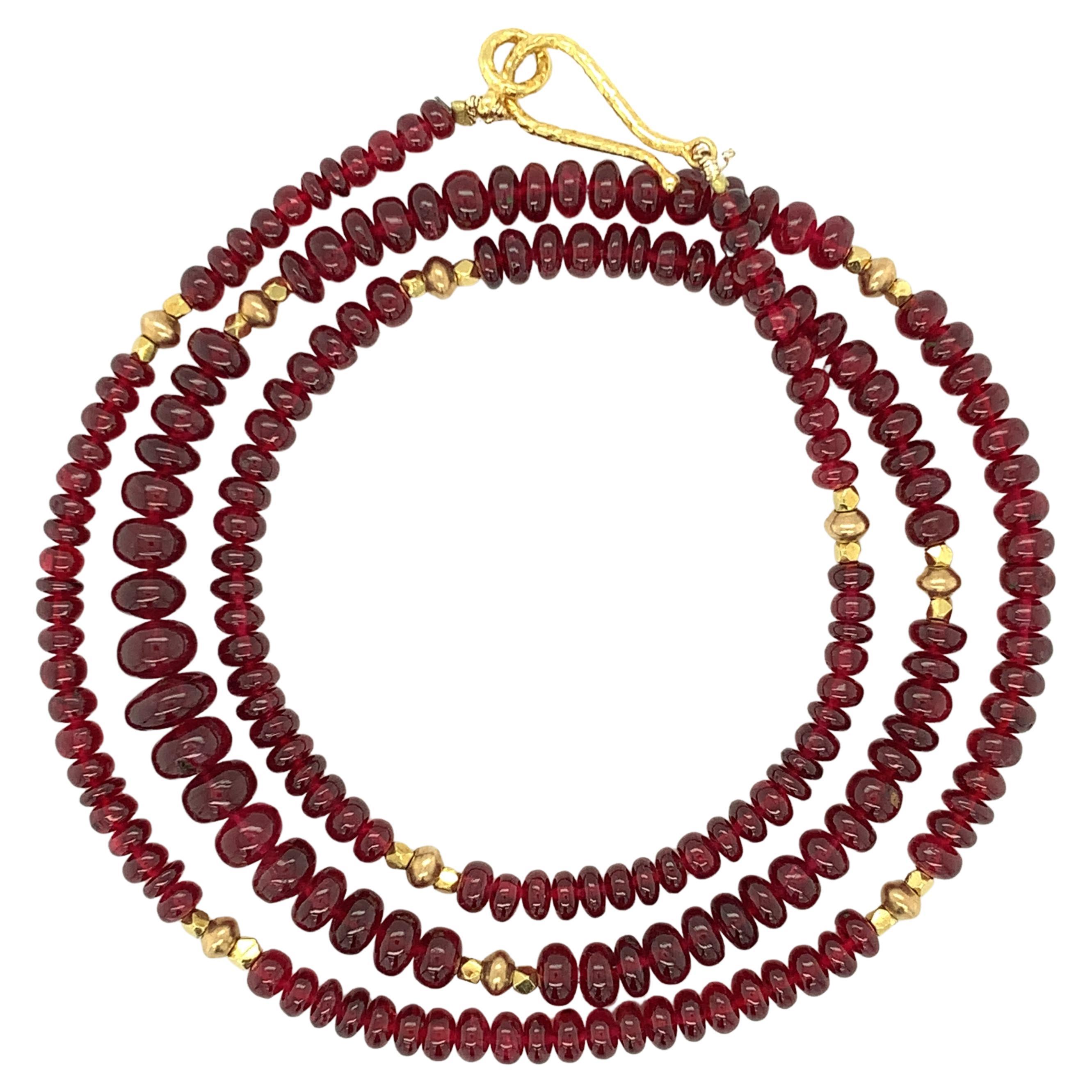 Red Spinel Graduating Bead Necklace with Yellow Gold Spacers, 20 Inches For Sale