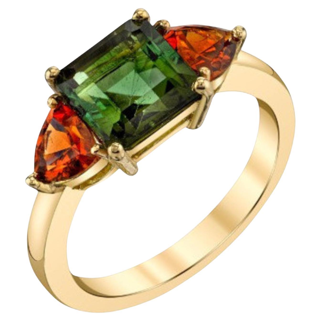Green Tourmaline and Spessartite Garnet Three-Stone Ring in 18k Yellow Gold For Sale
