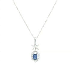 Blue Sapphire and Diamond Halo Pendant in White Gold with White Gold Chain