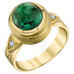 Emerald Cabochon and Diamond Hand Engraved 18k Yellow Gold Ring, 3.57 Carats