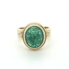 Emerald Cabochon and Diamond Yellow Gold Handmade & Engraved Ring, 5.08 Carats