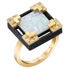 Antique Mother-of-Pearl Gaming Counter 18k Yellow Gold & Silver Ring with Bands