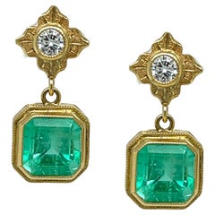 Emerald and Diamond Drop Earrings in Yellow Gold, 5.09 Carats Total 