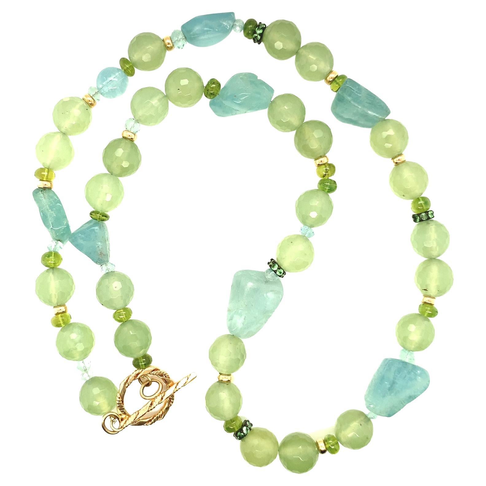 Aquamarine, Peridot, Phrenite and Tsavorite Beaded Necklace with Gold Accents For Sale