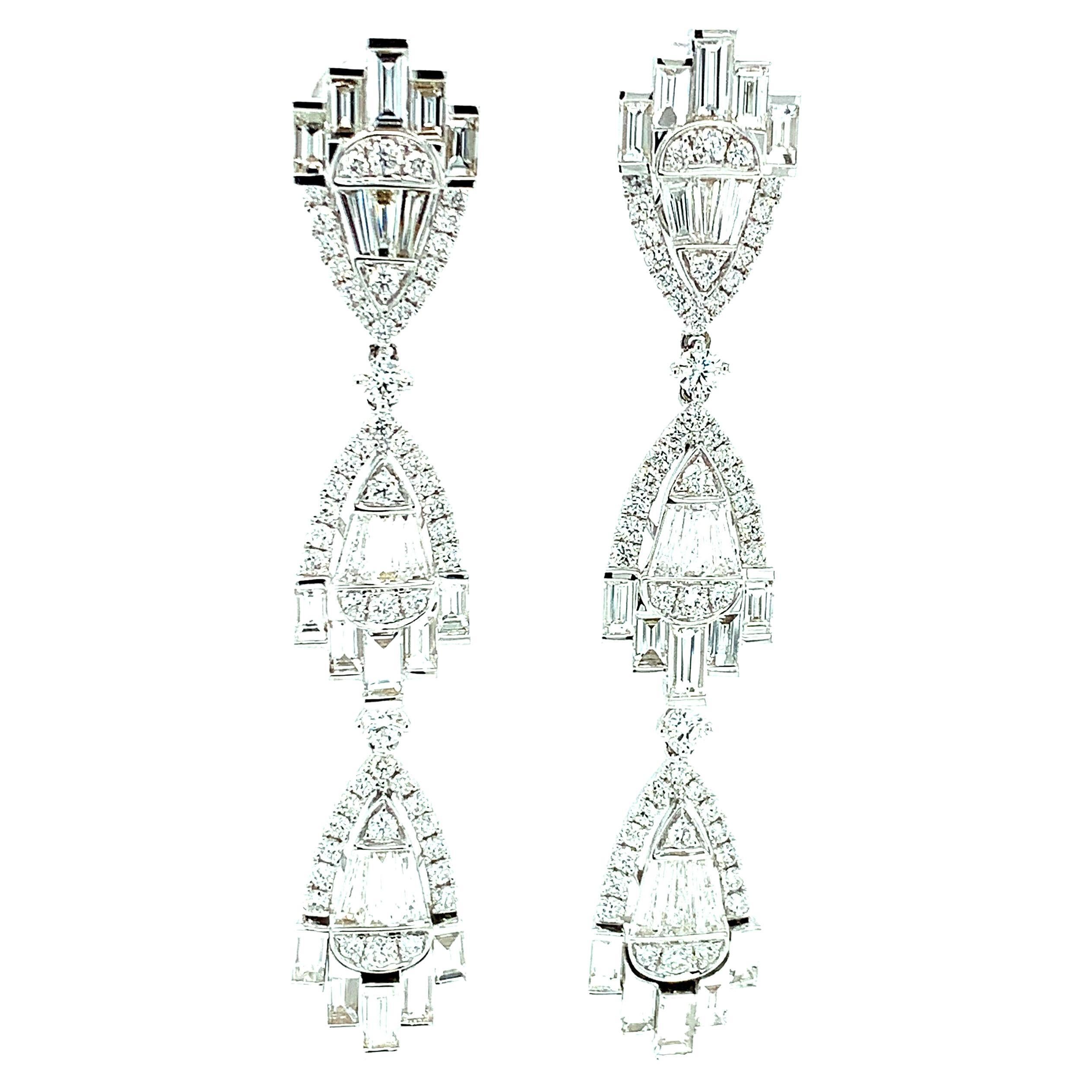 Art Deco Inspired Diamond Baguette Dangle Earrings, 5.58 Carats Total 