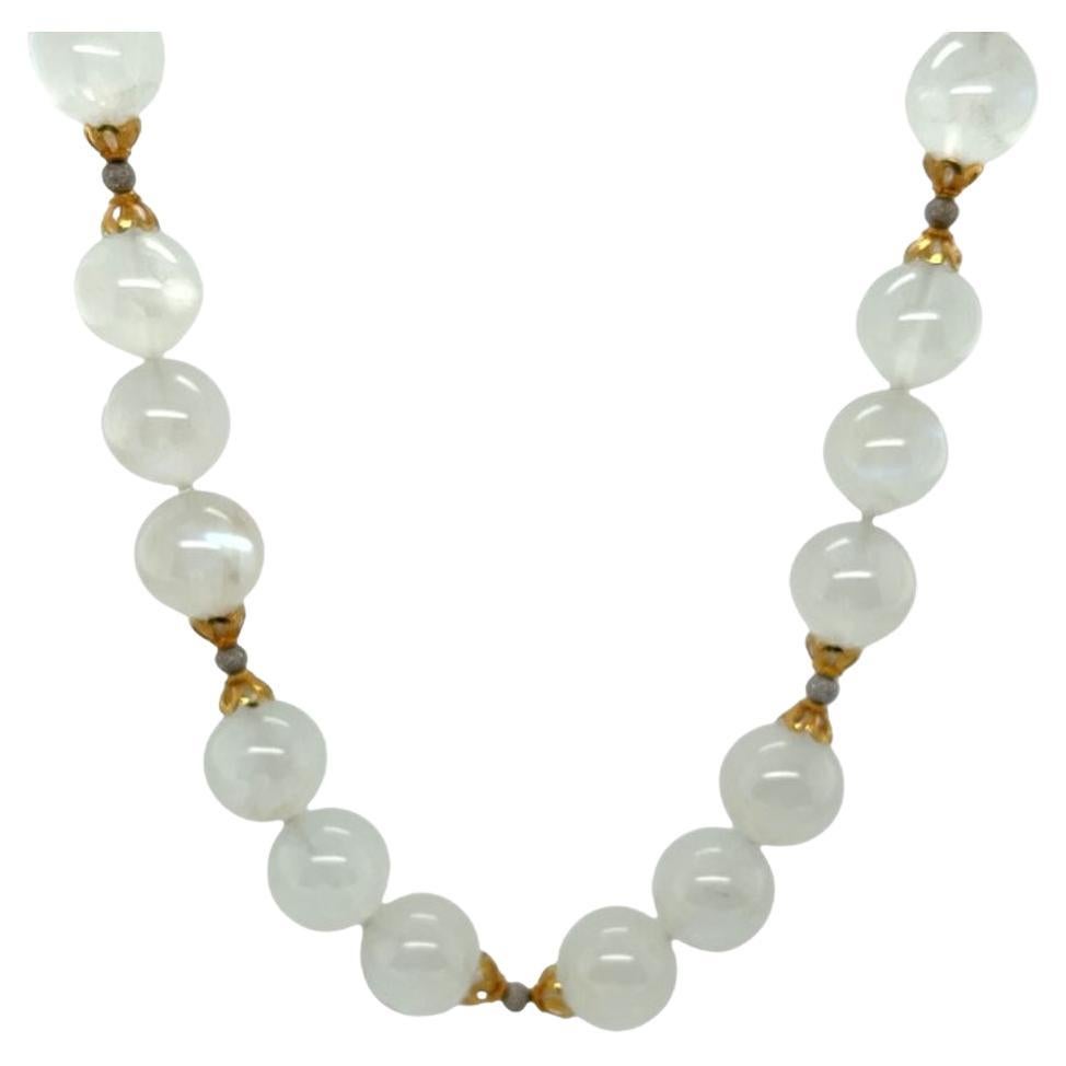 12mm Blue Flash Moonstone Beaded Necklace with White and Yellow Gold Accents For Sale