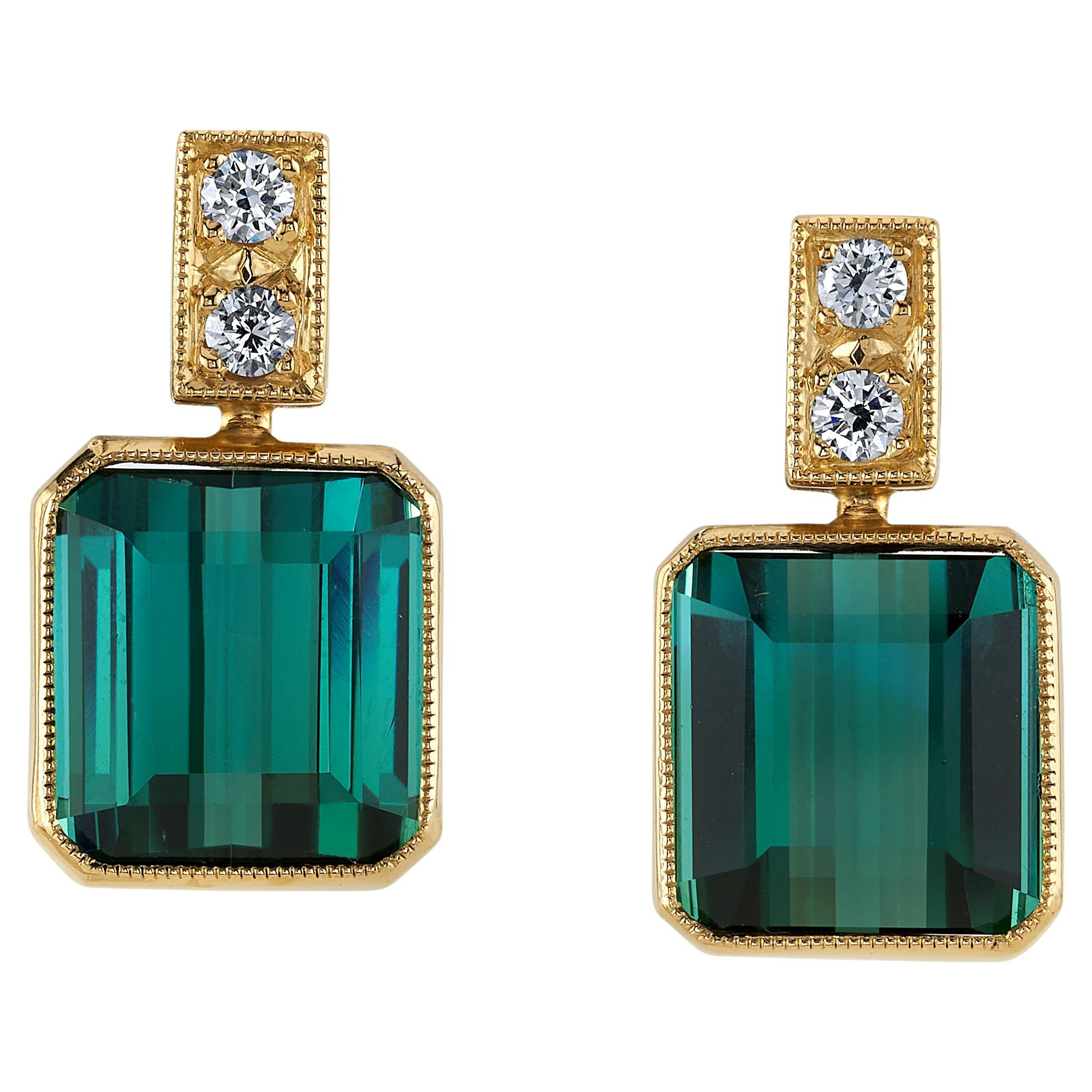 16.22 Carat Emerald Cut Green Tourmaline Diamond Pave Dangle Post Earrings 