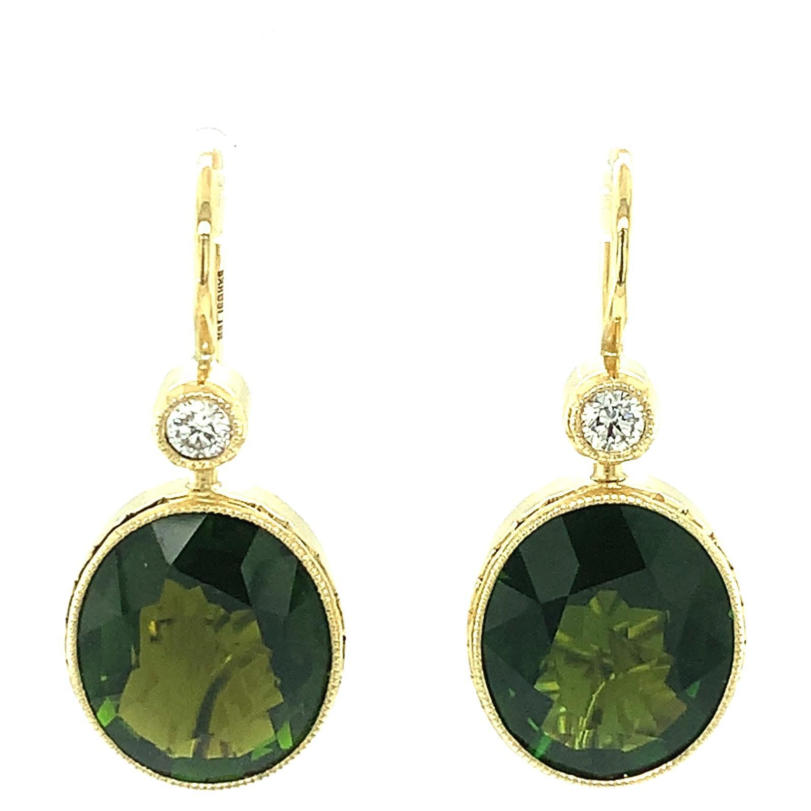 Green Tourmaline and Diamond French Wire Drop Earrings, 10 Carats Total   For Sale