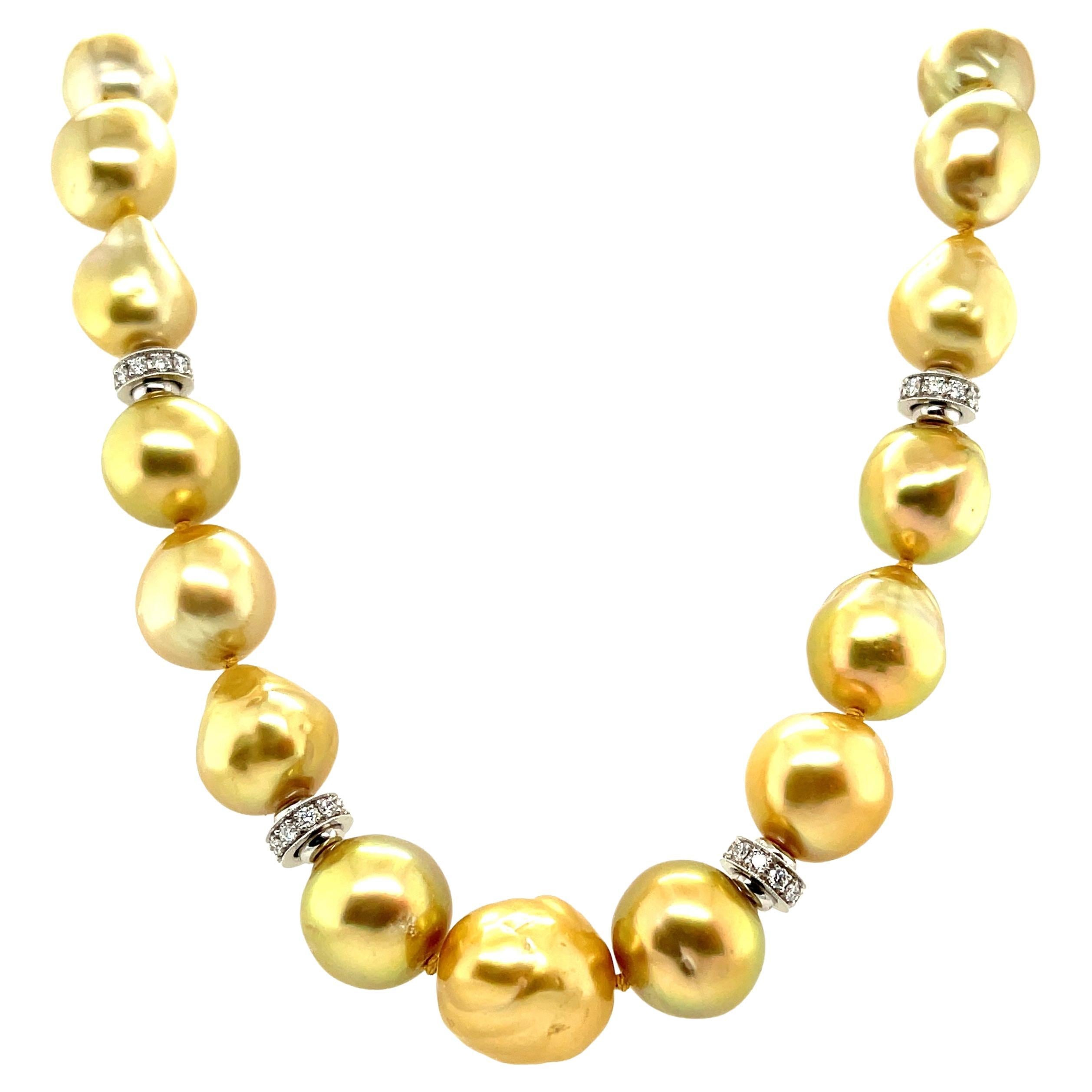 Golden South Seas Pearl Necklace with Diamond and Gold Accents, 21 Inches For Sale