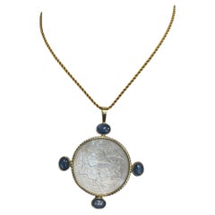 Antique Mother-of-Pearl Gaming Counter with Kyanite in 18k Yellow Gold Pendant