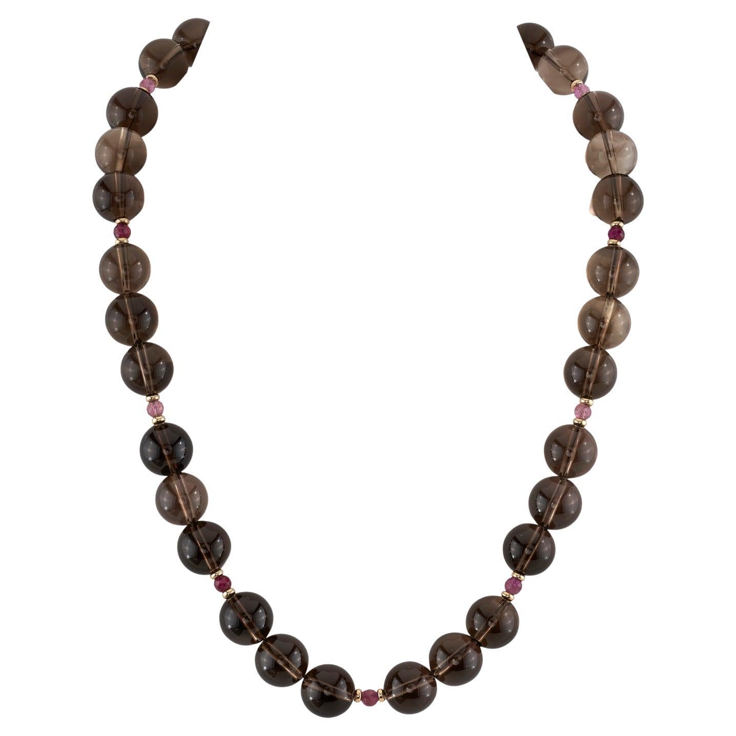 12mm Smoky Quartz and Pink Tourmaline Beaded Necklace with Yellow Gold Accents