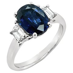 2.18 Carat Blue Sapphire Diamond Trapezoid Three-Stone Platinum Engagement Ring