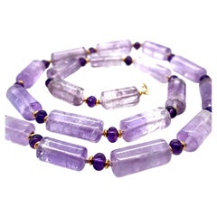 Amethyst Cylinder Bead Necklace with Yellow Gold Accents and Clasp 