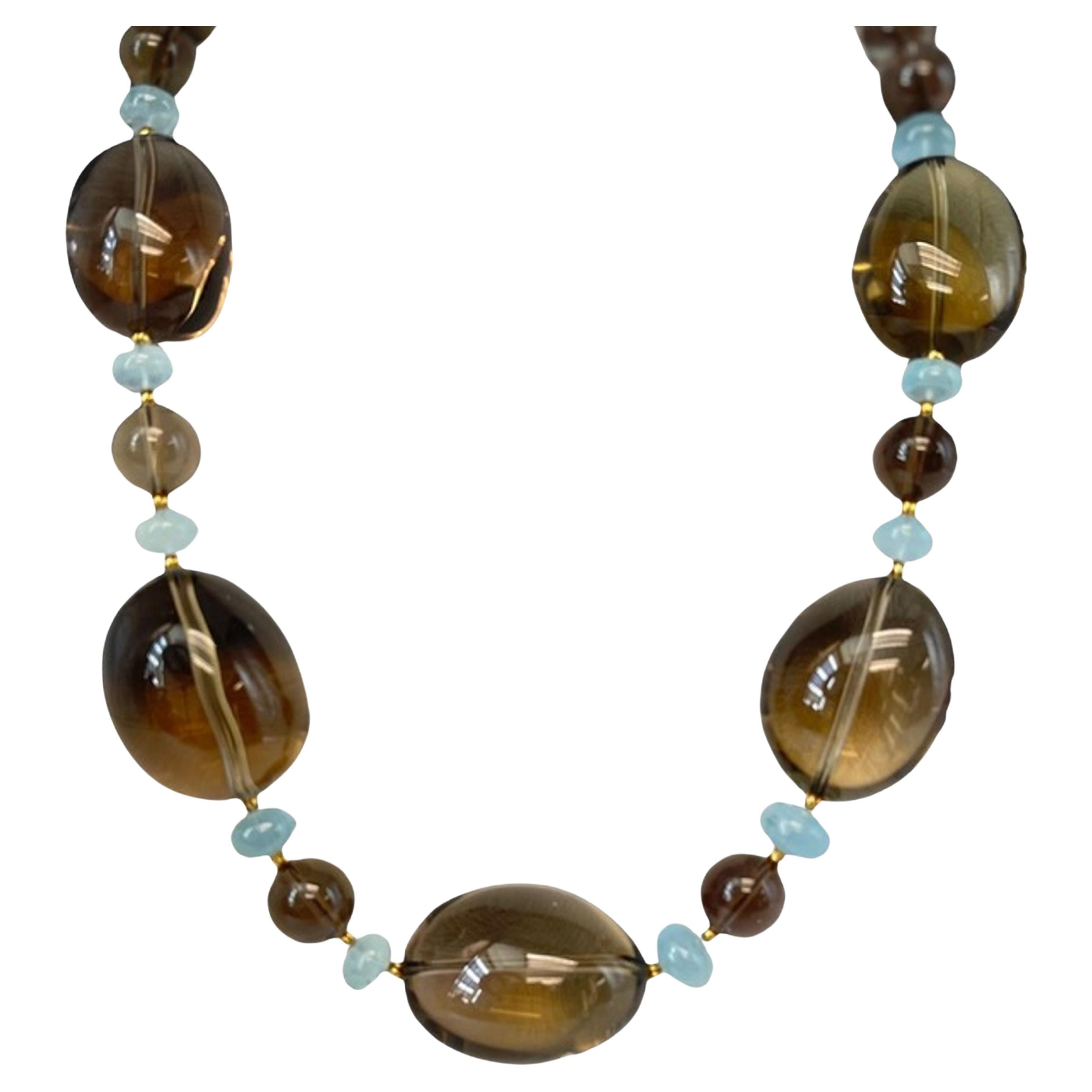 Smoky Quartz, Aquamarine and 18k Yellow Gold Beaded Necklace, 20 Inches For Sale