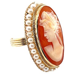 Hand Carved Italian Shell Cameo 14k Yellow Gold Filigree Seed Pearl Ring