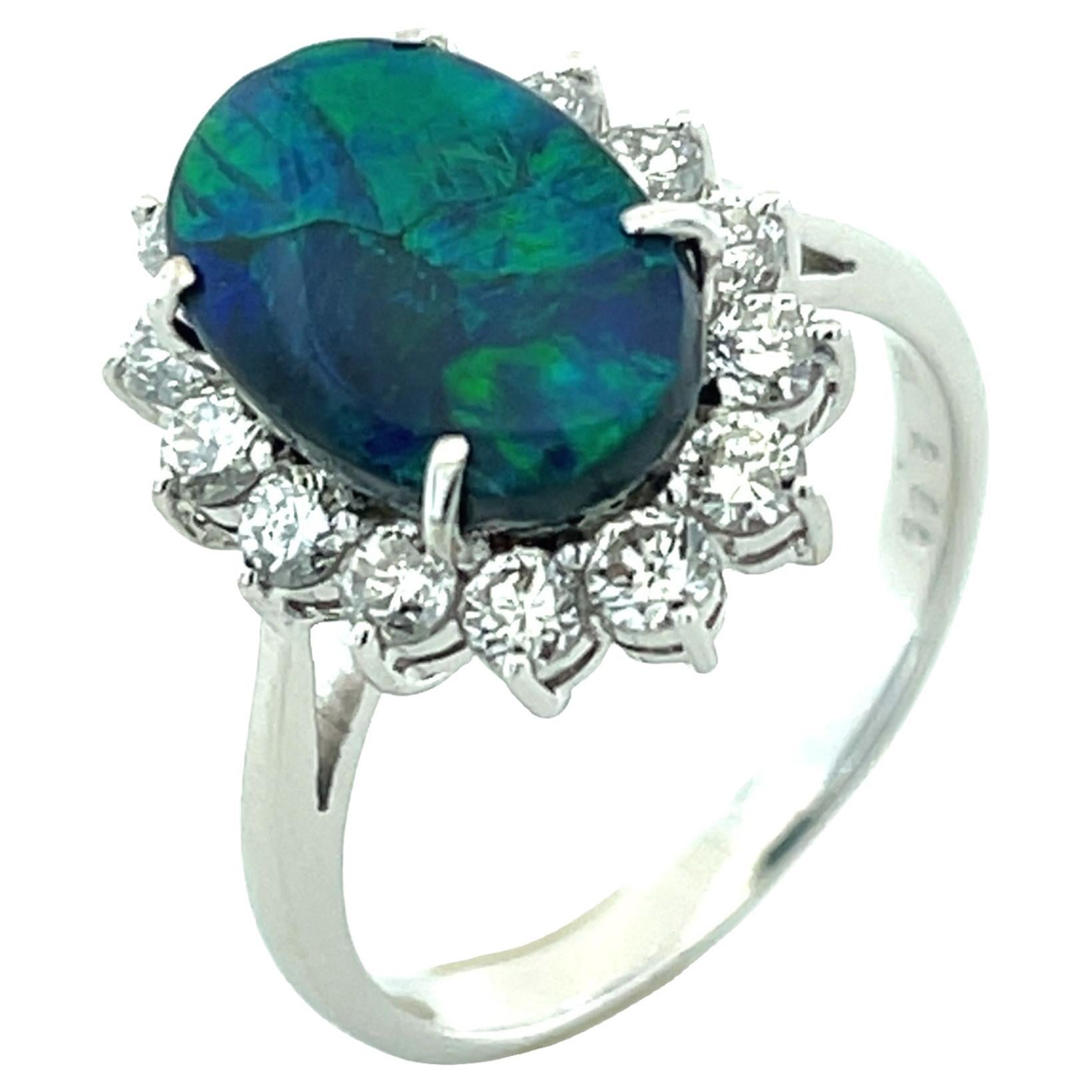 Platinum Cocktail Ring with 2.96ct Black Opal and 14 Diamonds, New For Sale
