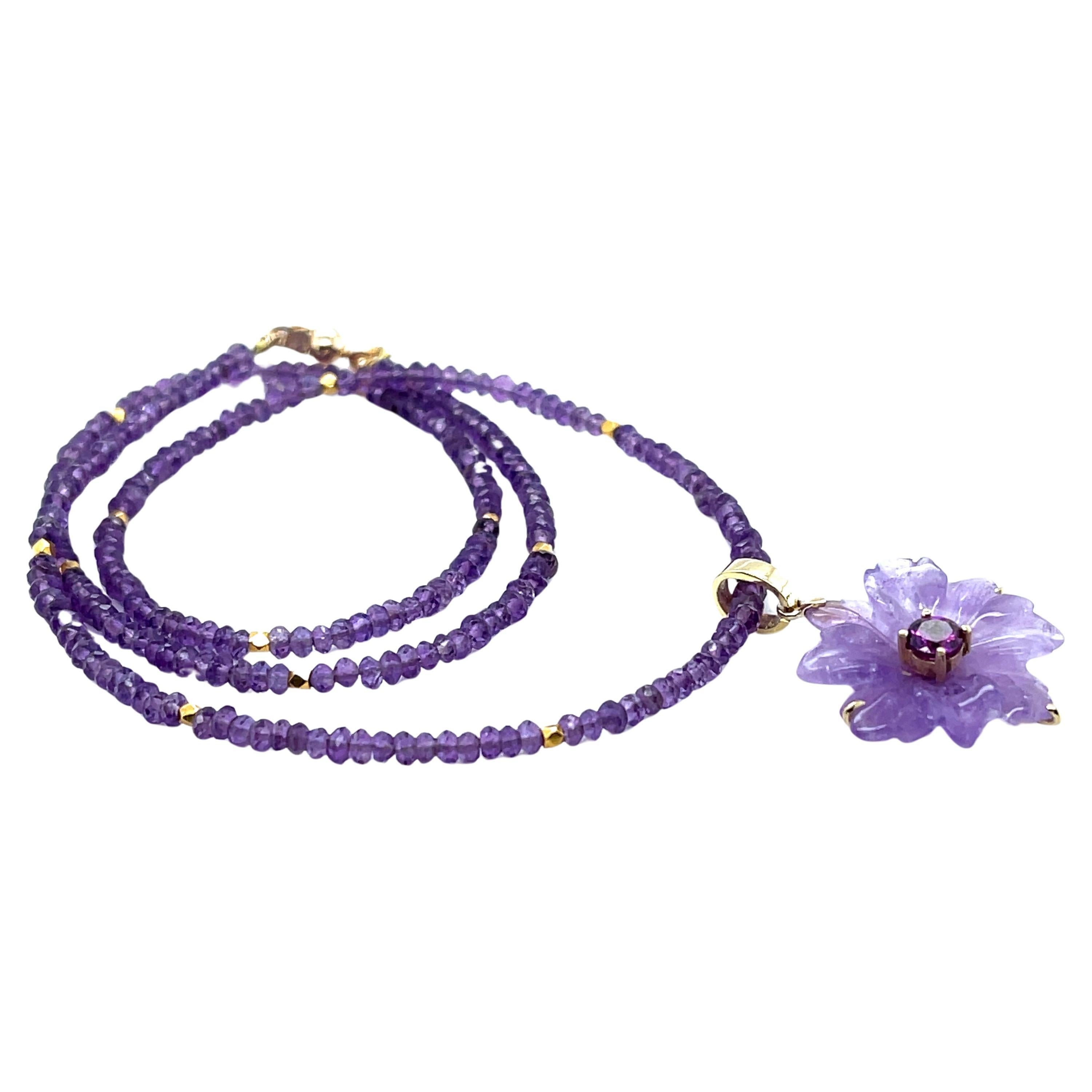 Hand Carved Amethyst Flower Pendant and Bead Necklace with Yellow Gold Accents