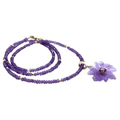 Hand Carved Amethyst Flower Pendant and Bead Necklace with Yellow Gold Accents