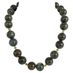 17mm Labradorite Bead Necklace with Peridot Accents and Gold Clasp, 19.5 Inches