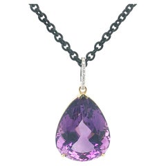 40 Carat Amethyst and Diamond Pendant 18k Yellow Gold with Blackened Steel Chain