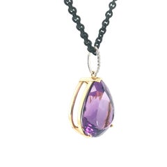40 Carat Amethyst and Diamond Pendant 18k Yellow Gold with Blackened Steel Chain