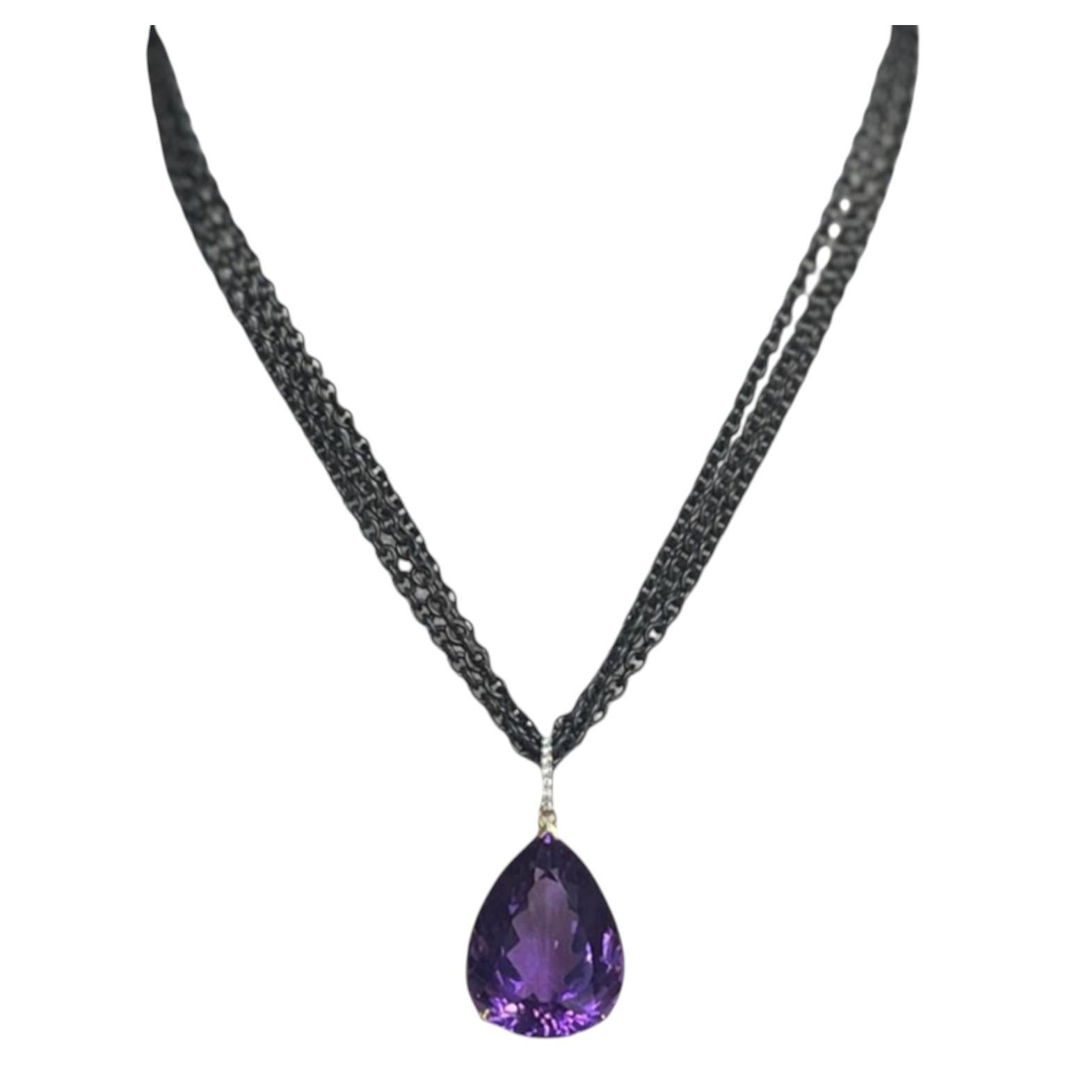 40 Carat Amethyst and Diamond Pendant 18k Yellow Gold with Blackened Steel Chain