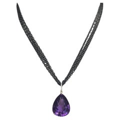 40 Carat Amethyst and Diamond Pendant 18k Yellow Gold with Blackened Steel Chain