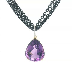40 Carat Amethyst and Diamond Pendant 18k Yellow Gold with Blackened Steel Chain