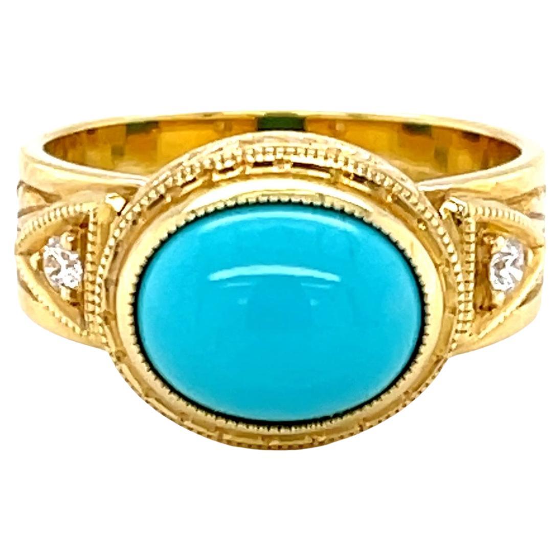 This handsome 18k yellow gold band ring features a gorgeous 2.13 carat oval turquoise cabochon from the famous Sleeping Beauty Mine! The Sleeping Beauty Mine in Arizona is one of the most important sources of fine turquoise in the world but has been