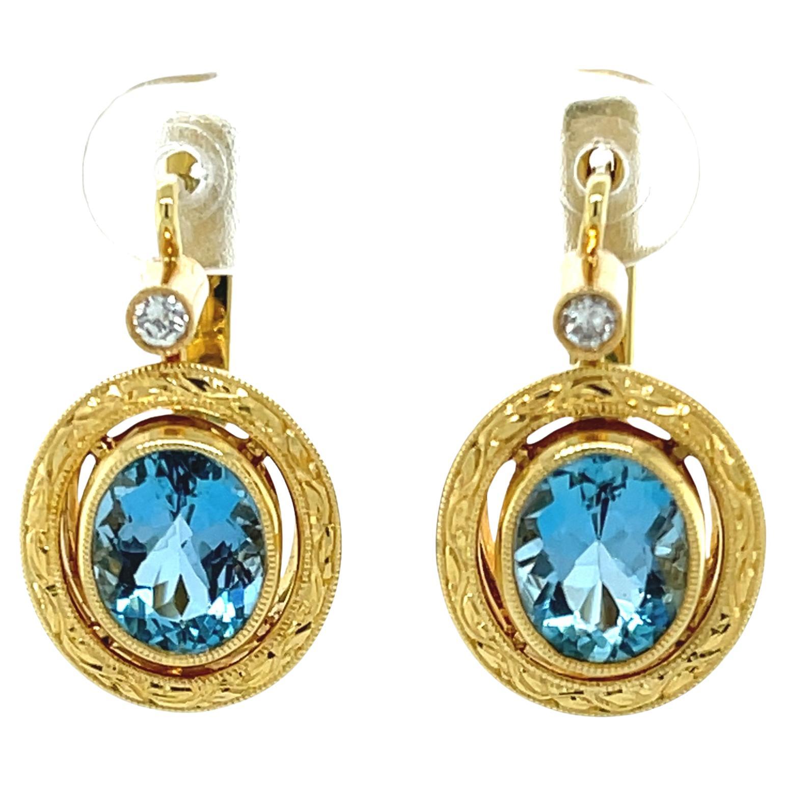 Aquamarine and Diamond Drop Earrings in Hand Engraved 18k Yellow Gold
