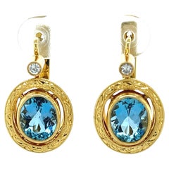 Aquamarine and Diamond Drop Earrings in Hand Engraved 18k Yellow Gold